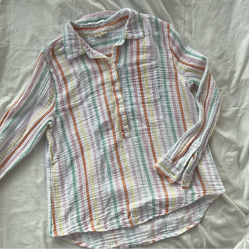 a.n.a Pastel Striped Gauze Button Pullover